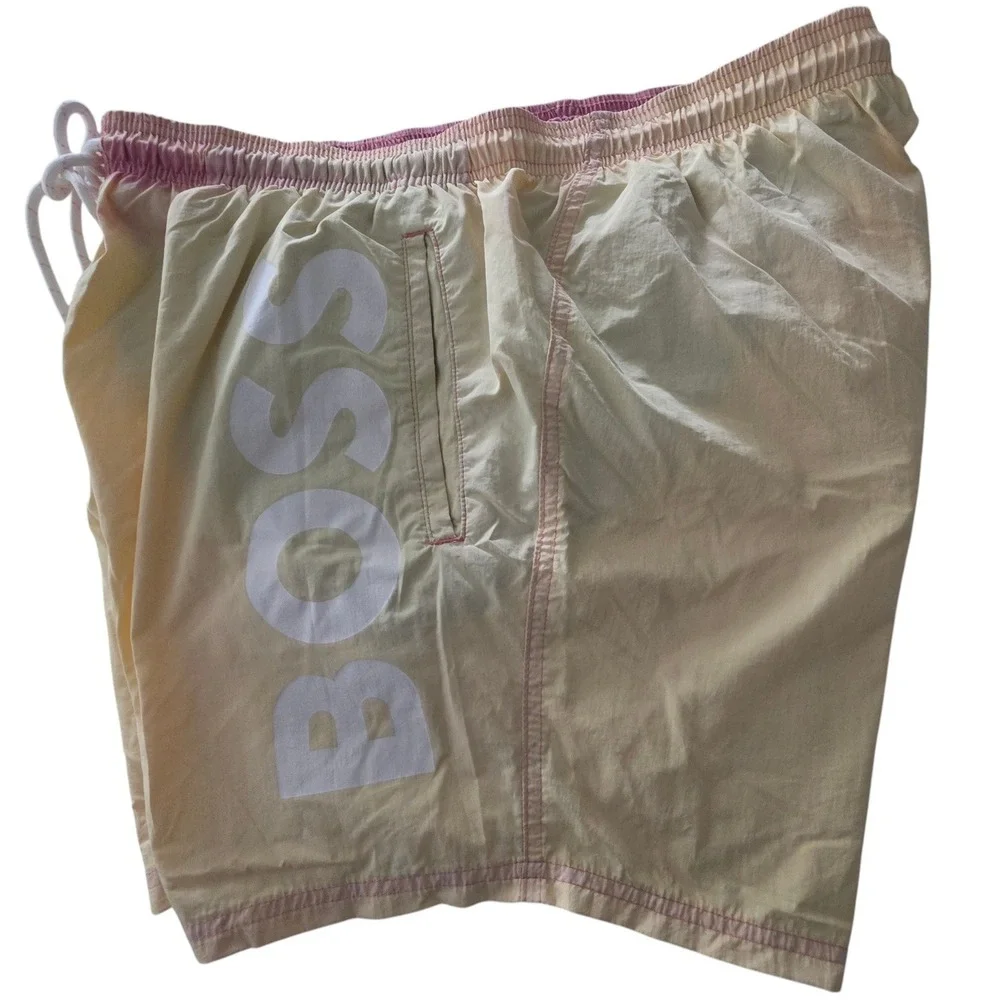 Hugo‎ Boss Mens Swim Trunks Yellow White Logo Drawstring XXL